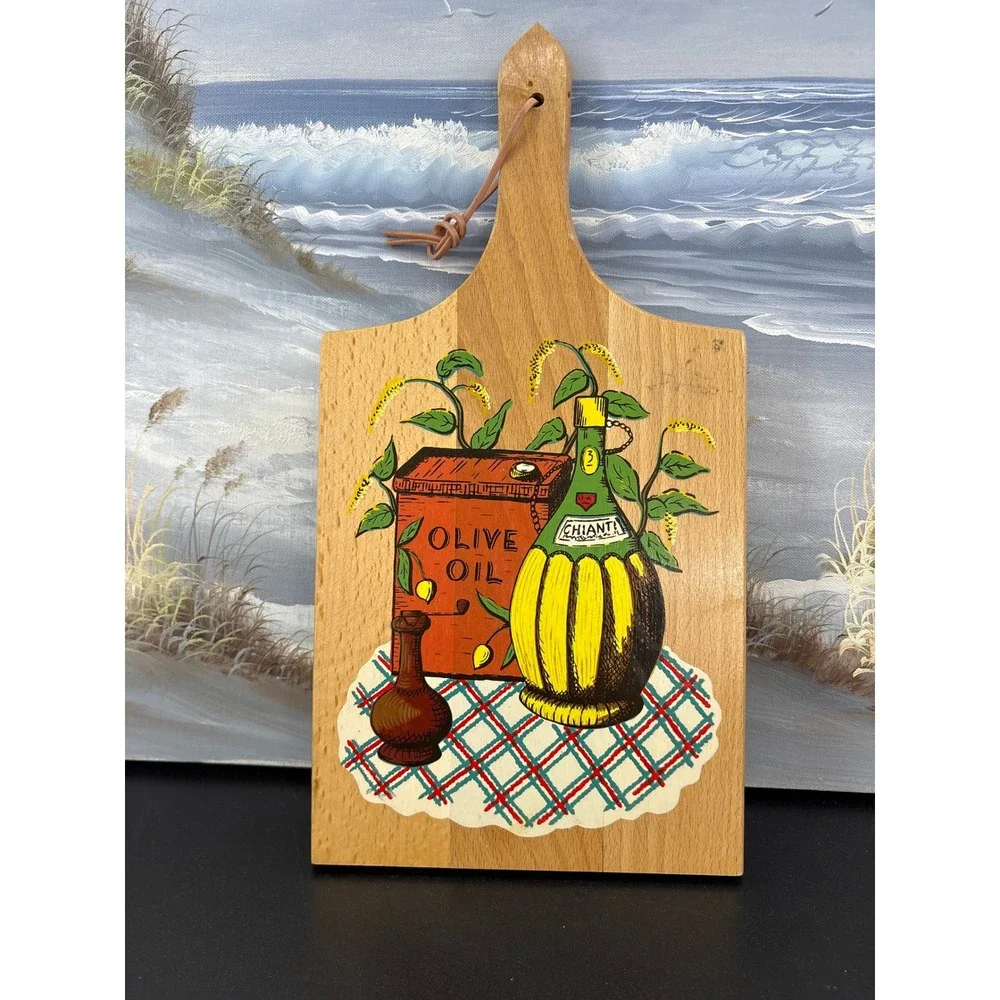 Vintage 70s Wooden Cutting Board Italian Olive Oil Graphic Wall Decor Plaque